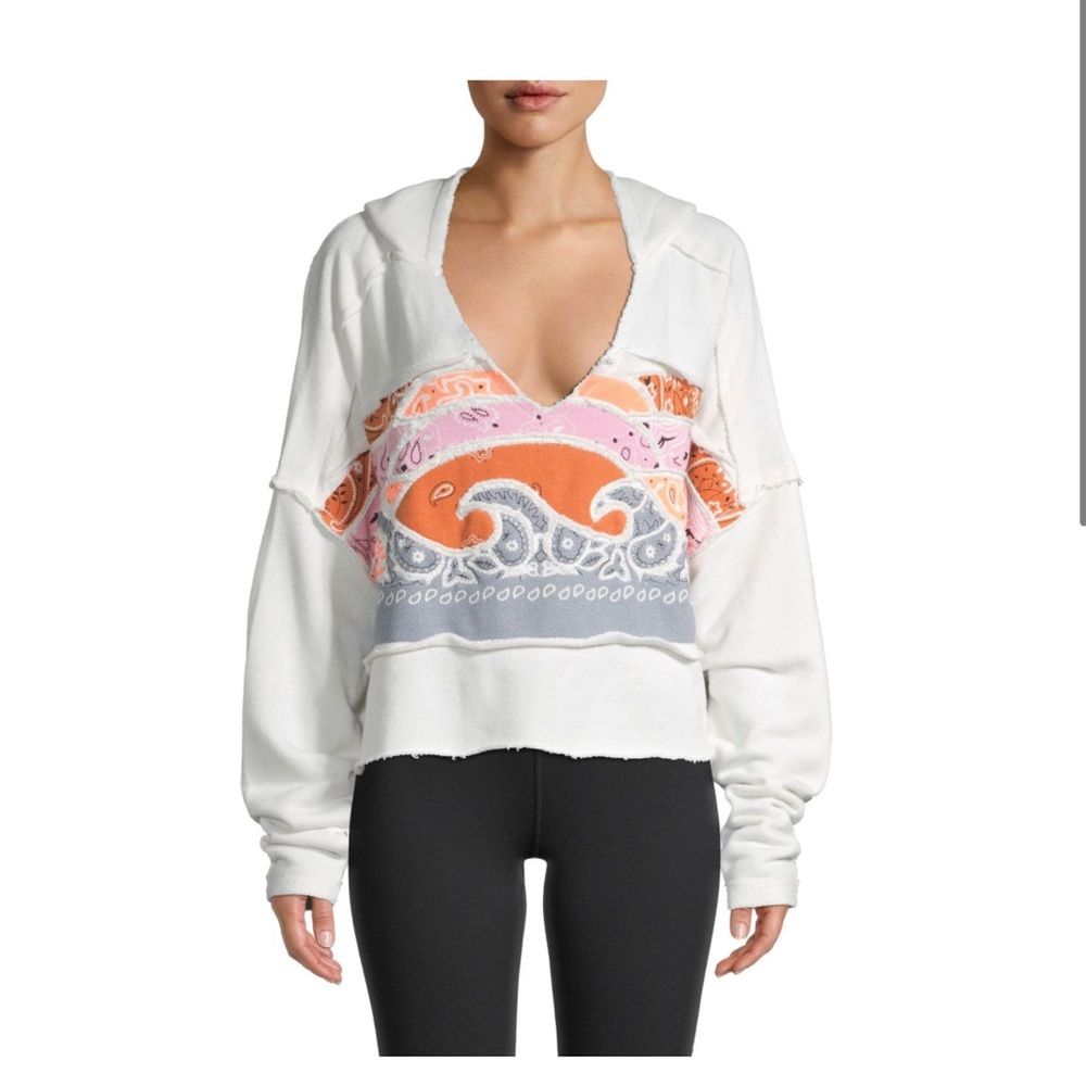 FP Movement White and Orange Cropped Graphic Hoodie